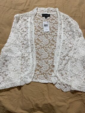 Candie's White Lace Open-Front Cropped Cardigan